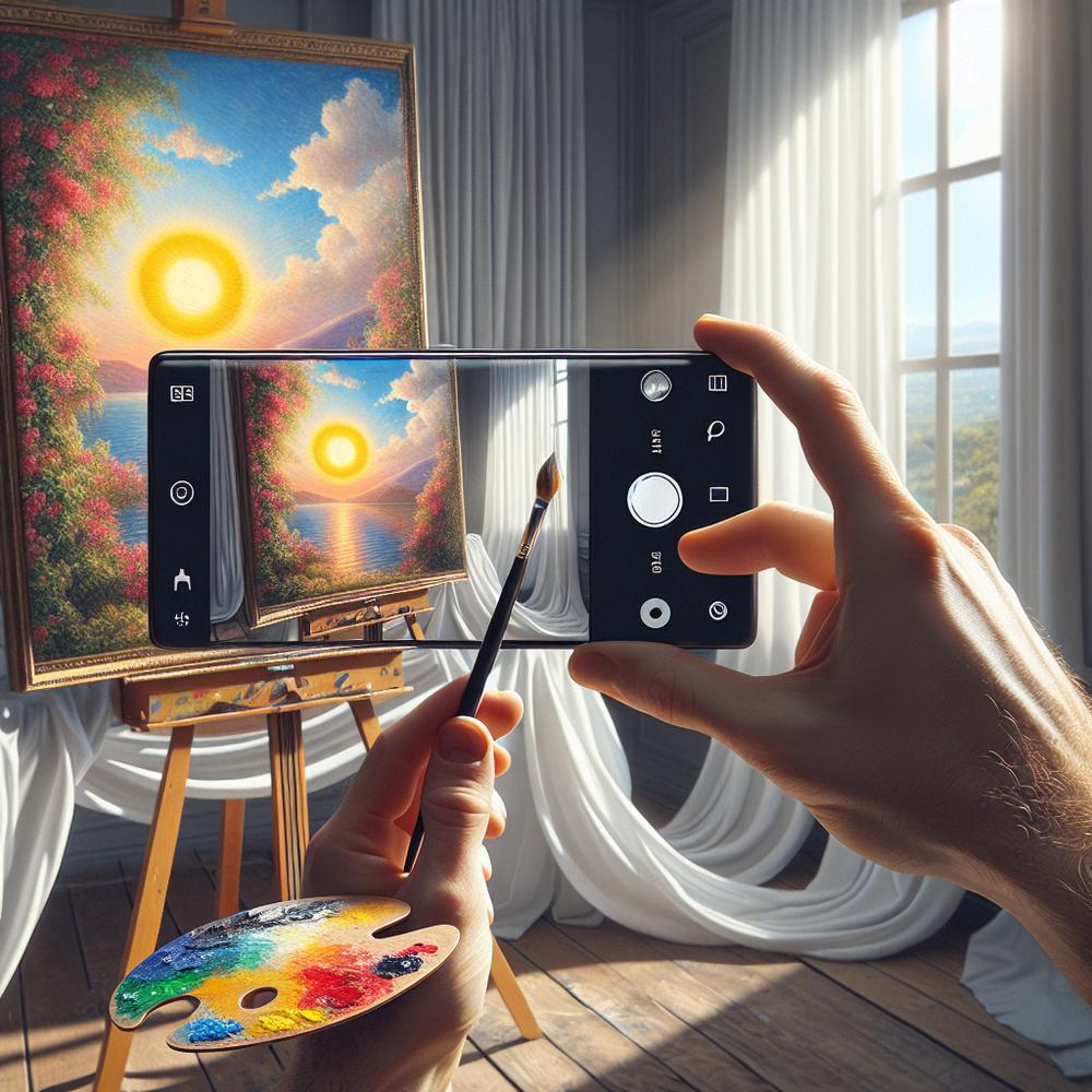 Person using smartphone to photograph painting on easel near window with soft natural light.