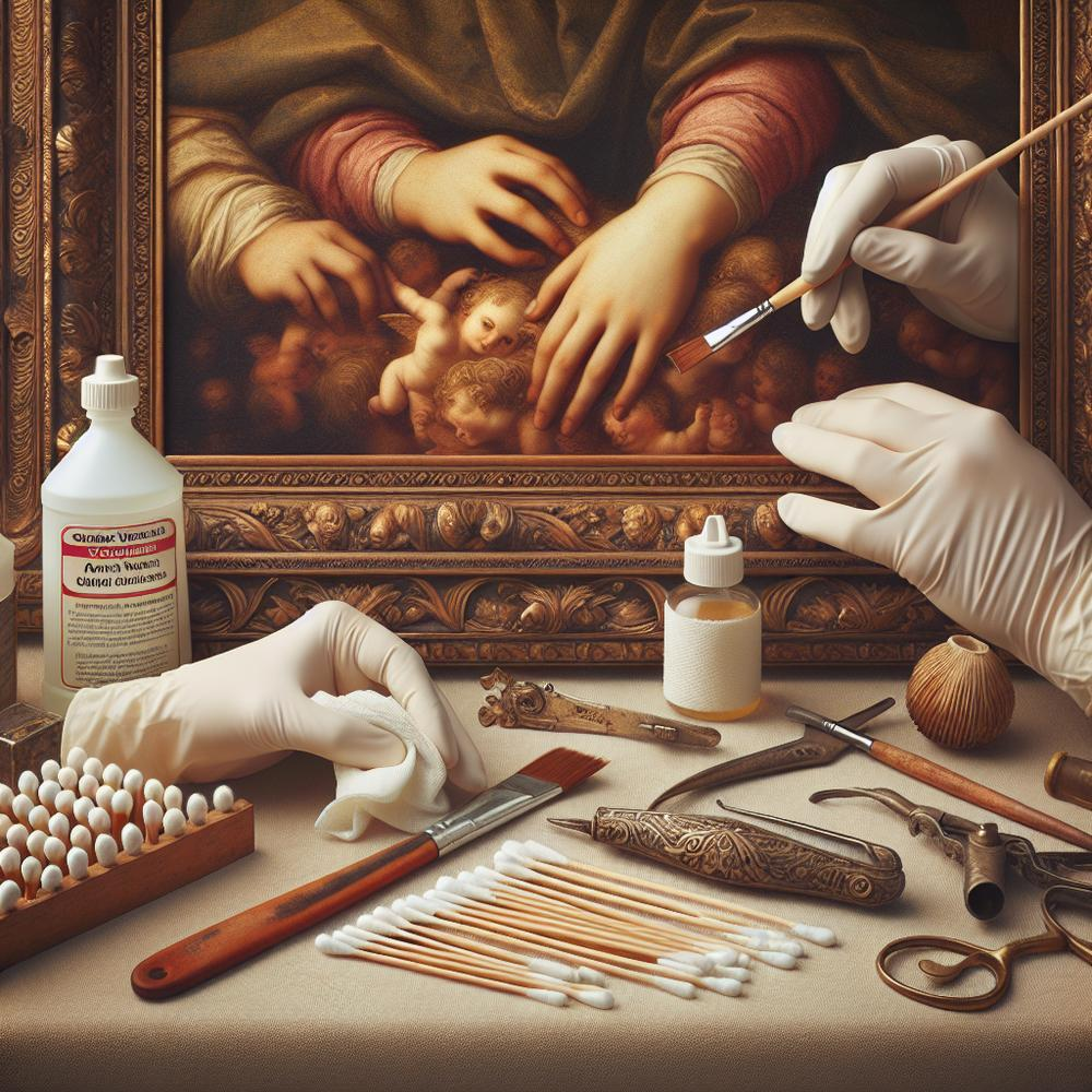 Gloved conservator carefully removing varnish from antique oil painting using cotton swab and solvent.