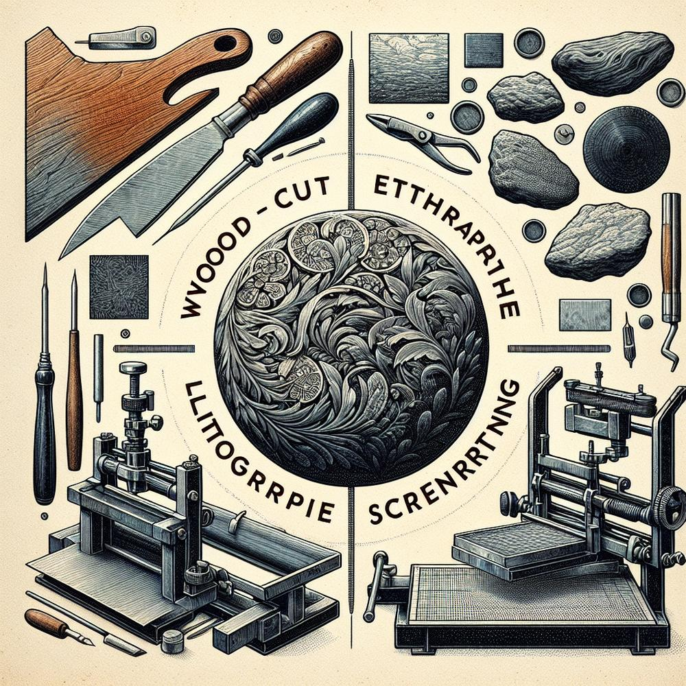 Illustration of four printmaking types: relief, intaglio, lithography, screenprinting, with tools and sample prints