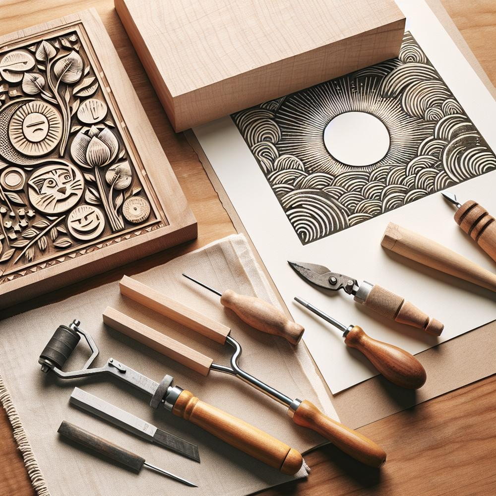 Hands carving linoleum block and rolling ink to make a beginner linocut print