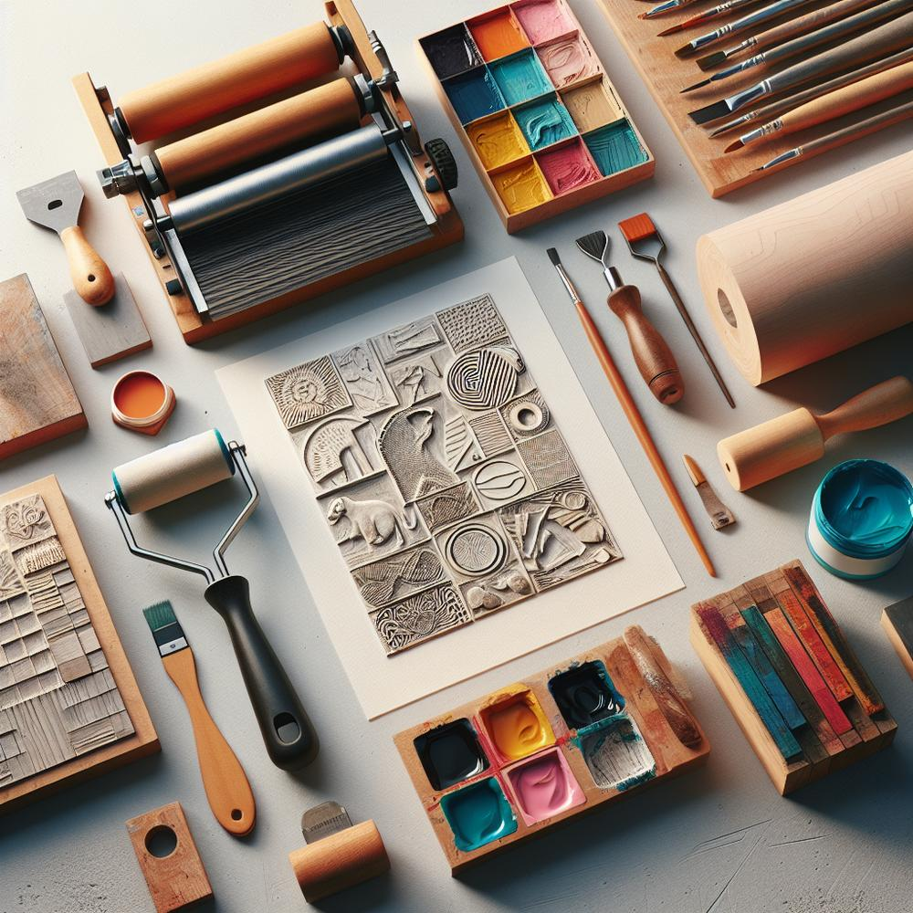 Beginner printmaking workspace: brayers, ink, carved block, paper with simple prints