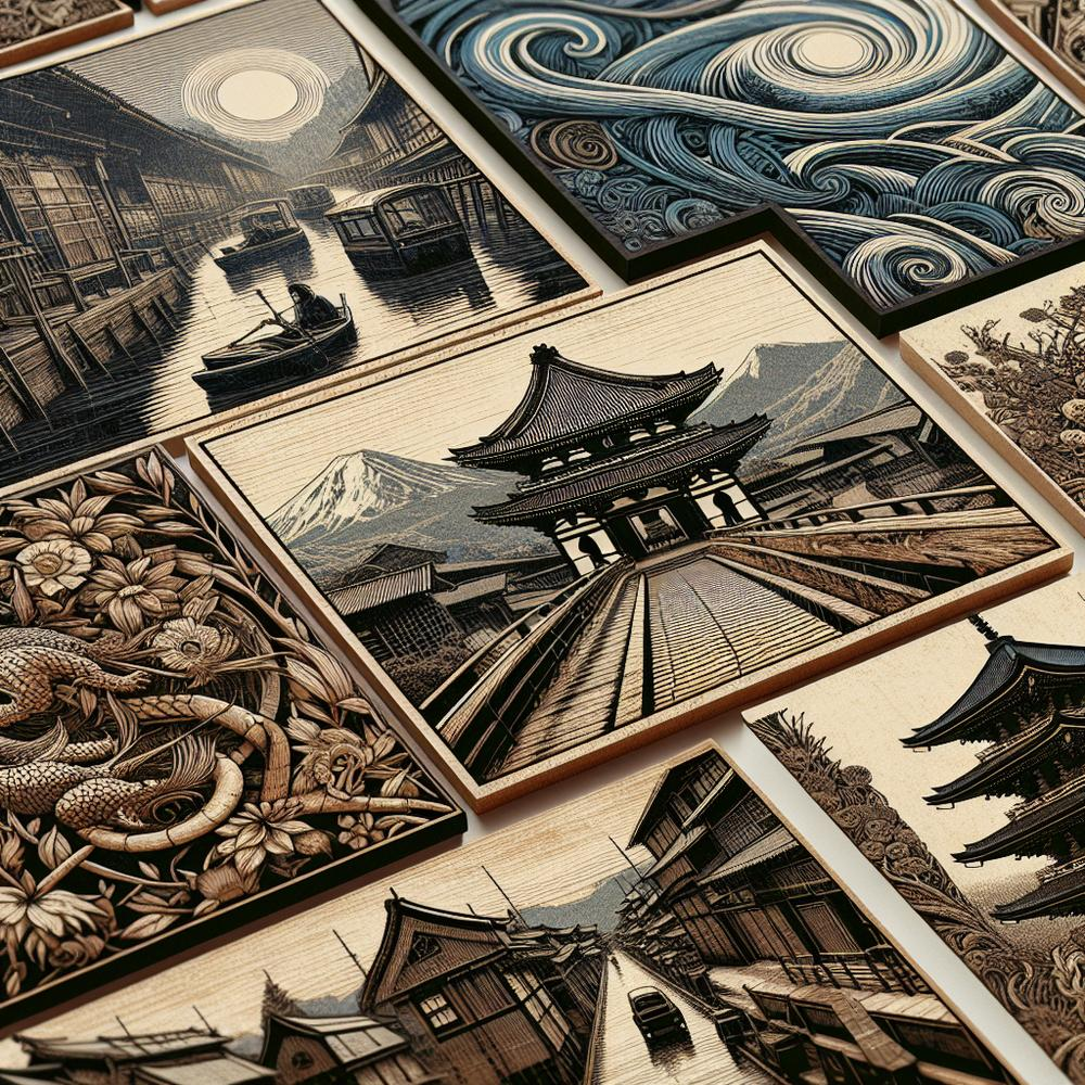 Assorted printmaking artworks displayed: linocuts, woodcuts, etchings, monotypes, colorful textured prints