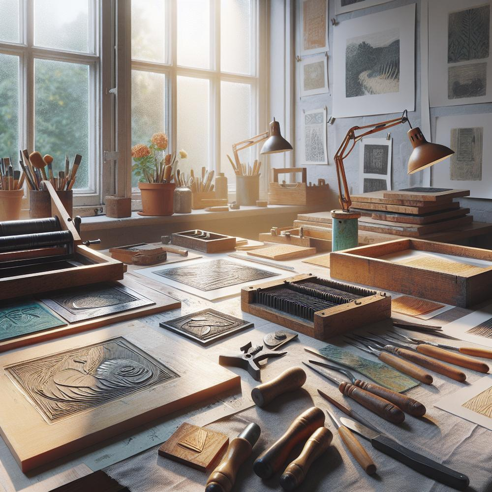 Artist making print at home without press using brayer, carved foam, inks, and hand burnishing