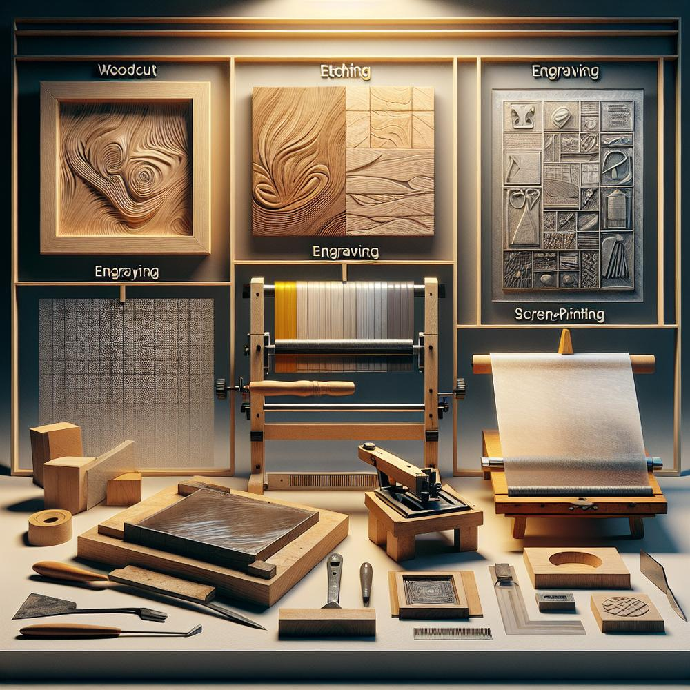 Diagram of five printmaking techniques: relief, intaglio, lithography, screenprint, and monotype.