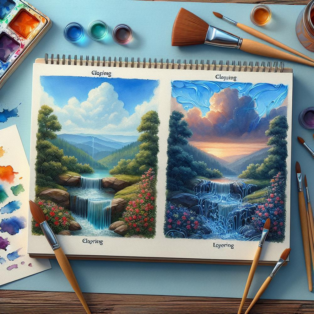 Side-by-side watercolour: opaque layered strokes versus transparent glazed washes demonstrating technique differences.