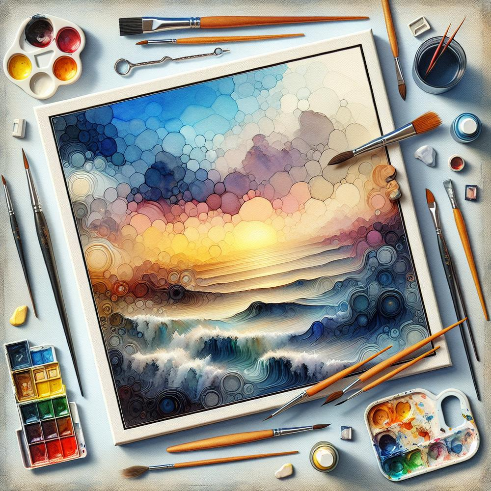 Close-up of layered watercolor washes blending translucent blues and warm undertones.