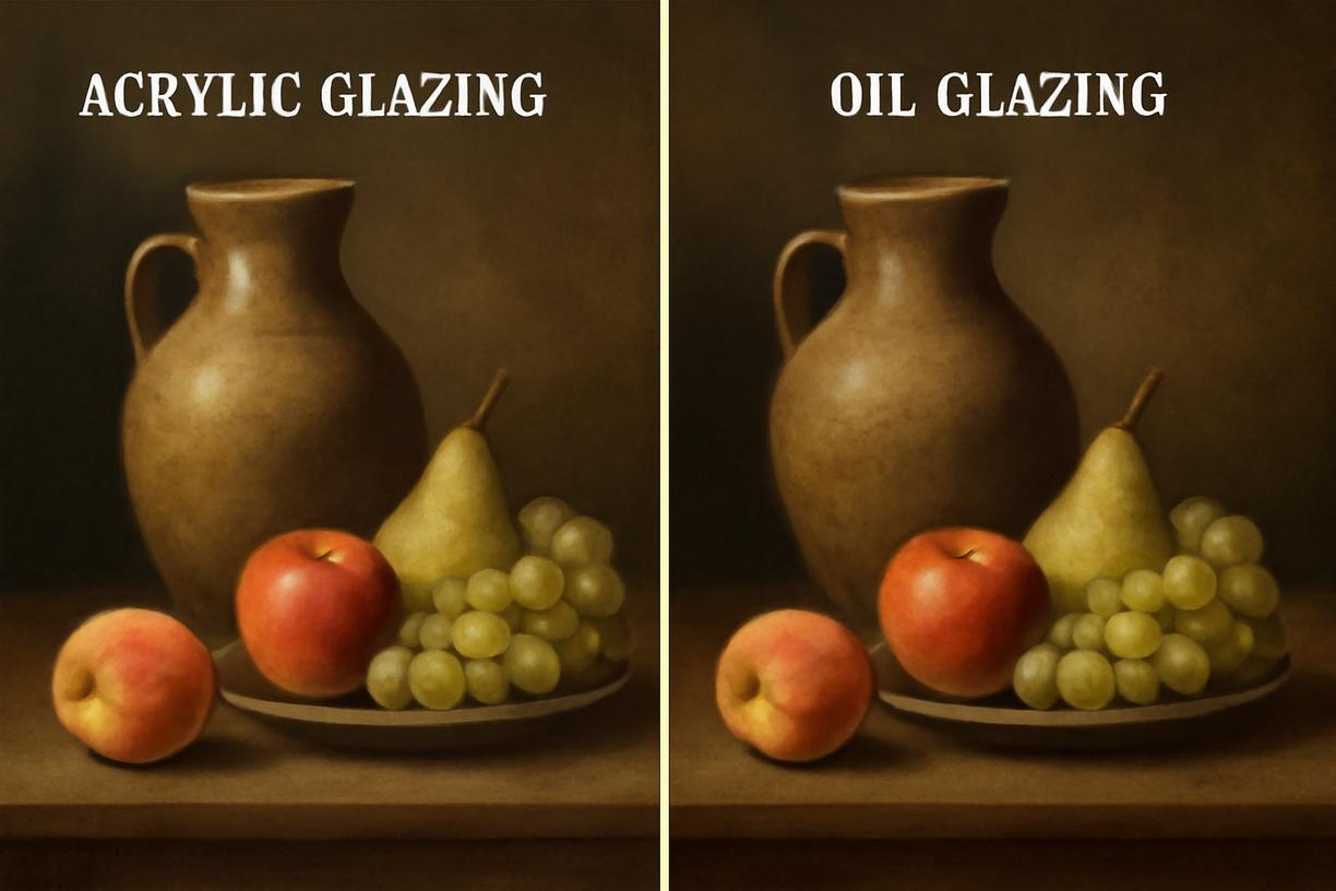 Split canvas comparing oil and acrylic glazing; modern acrylics emulating Old Masters' luminous depth